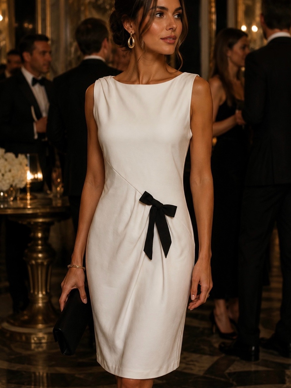 Nanette Lepore Ivory Midi Dress with Black Bow Accent Luxe NWT Paris Collection
